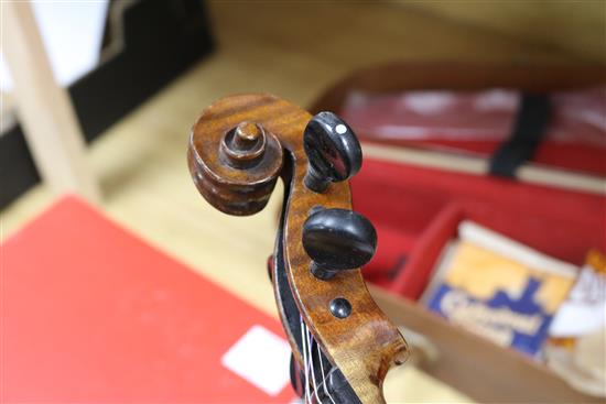 A cased violin bearing the name Joseph Klotz, with bow